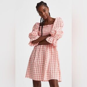 H&M PUFF-SLEEVE SEERSUCKER DRESS Checkered Orange & White Women’s S SMALL